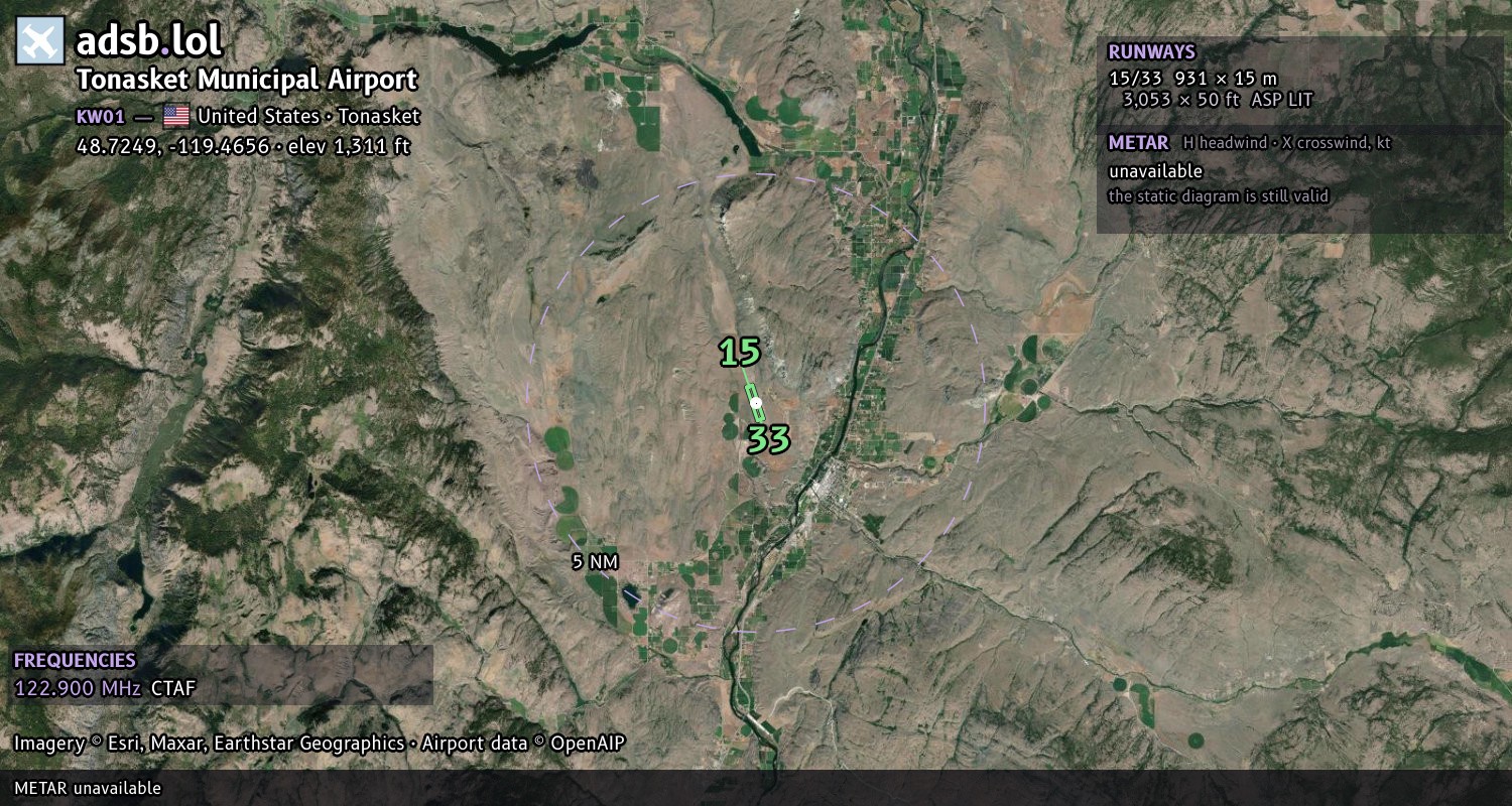 Satellite map with the runway layout of Tonasket Municipal Airport (KW01)