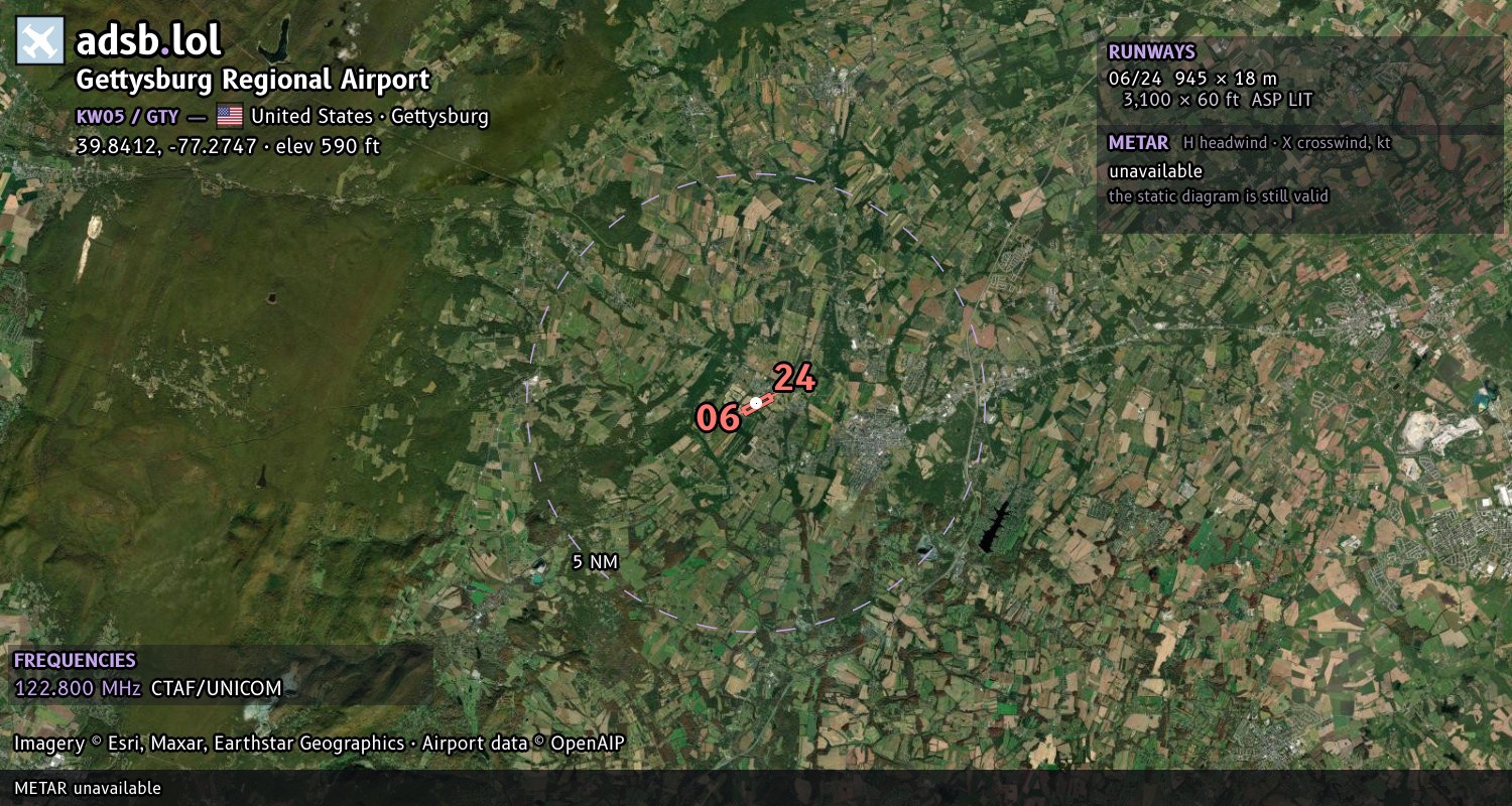 Satellite map with the runway layout of Gettysburg Regional Airport (KW05)