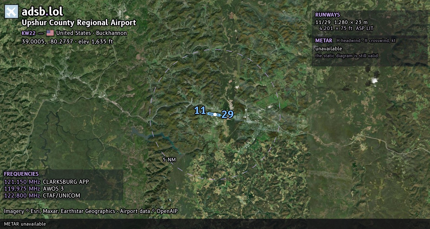 Satellite map with the runway layout of Upshur County Regional Airport (KW22)