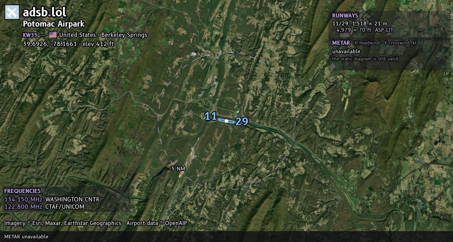 Satellite map with the runway layout of Potomac Airpark (KW35)