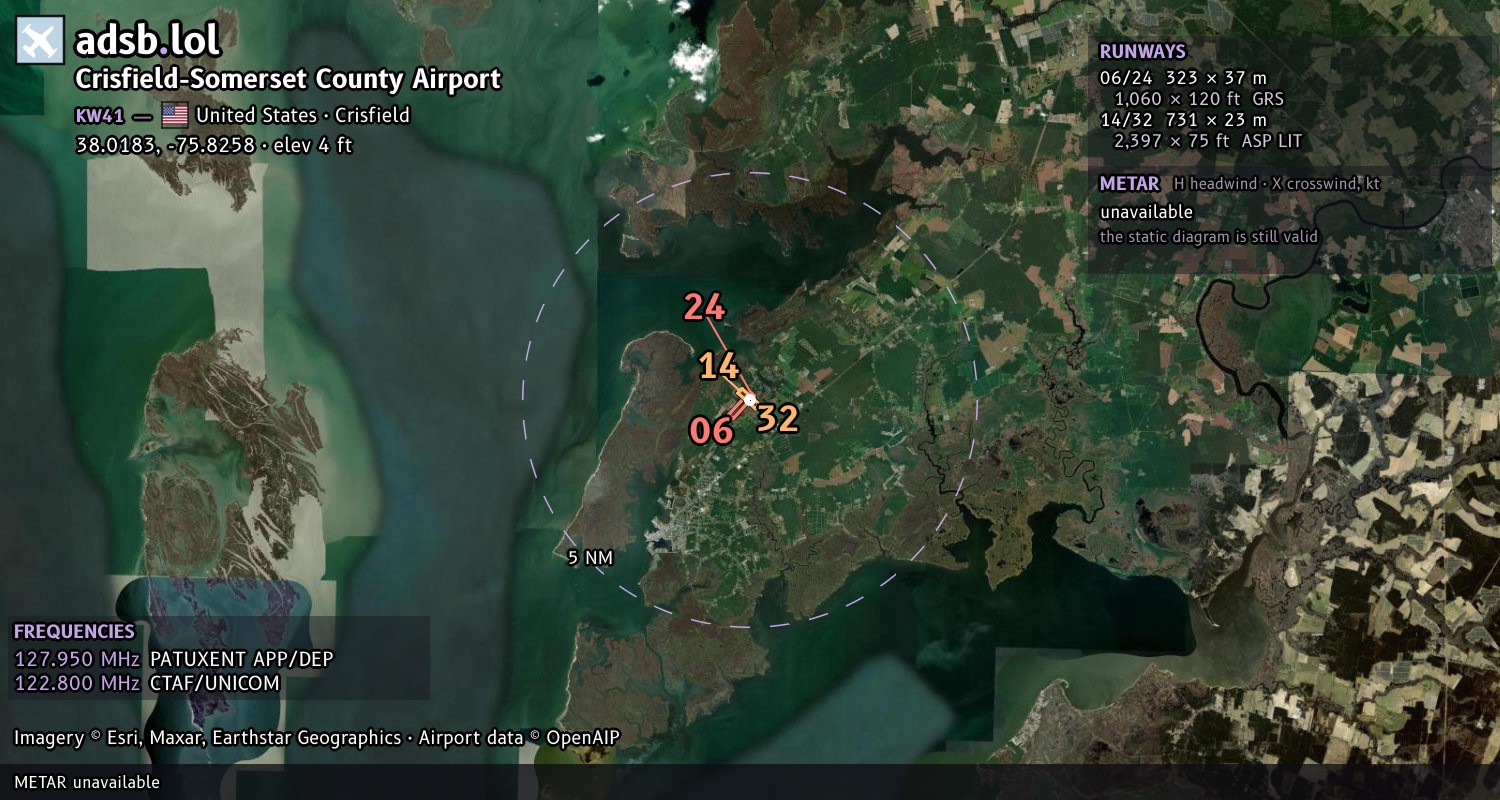 Satellite map with the runway layout of Crisfield-Somerset County Airport (KW41)