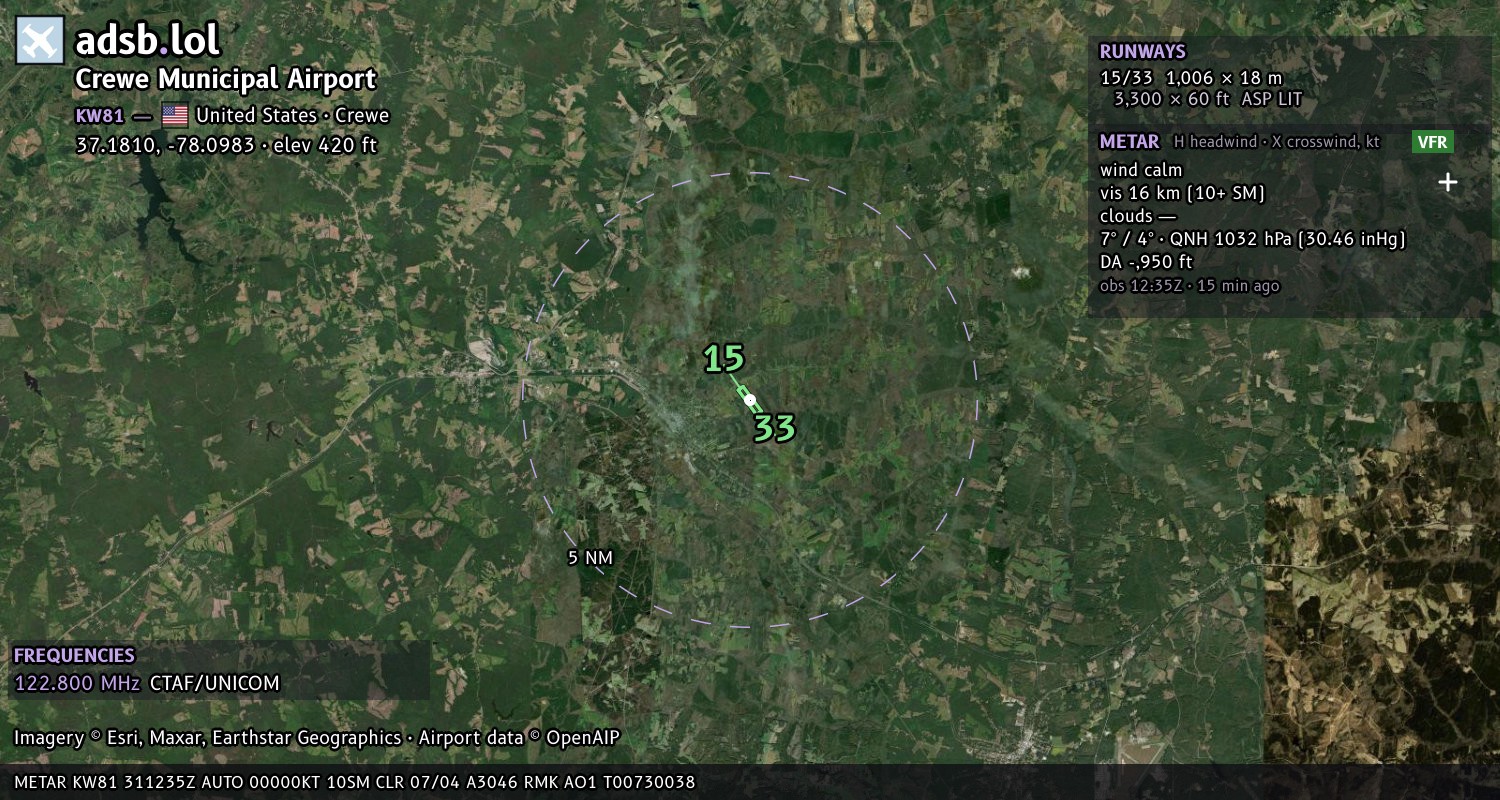 Satellite map with the runway layout of Crewe Municipal Airport (KW81)