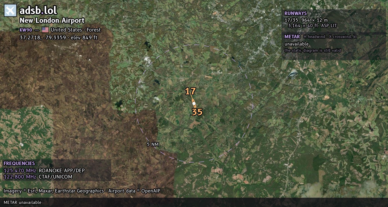 Satellite map with the runway layout of New London Airport (KW90)