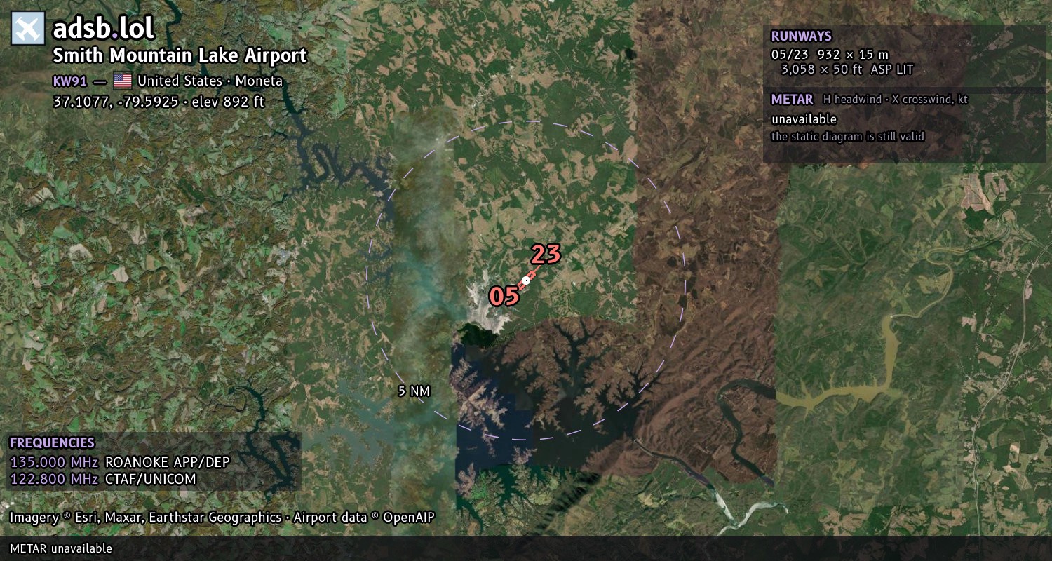 Satellite map with the runway layout of Smith Mountain Lake Airport (KW91)