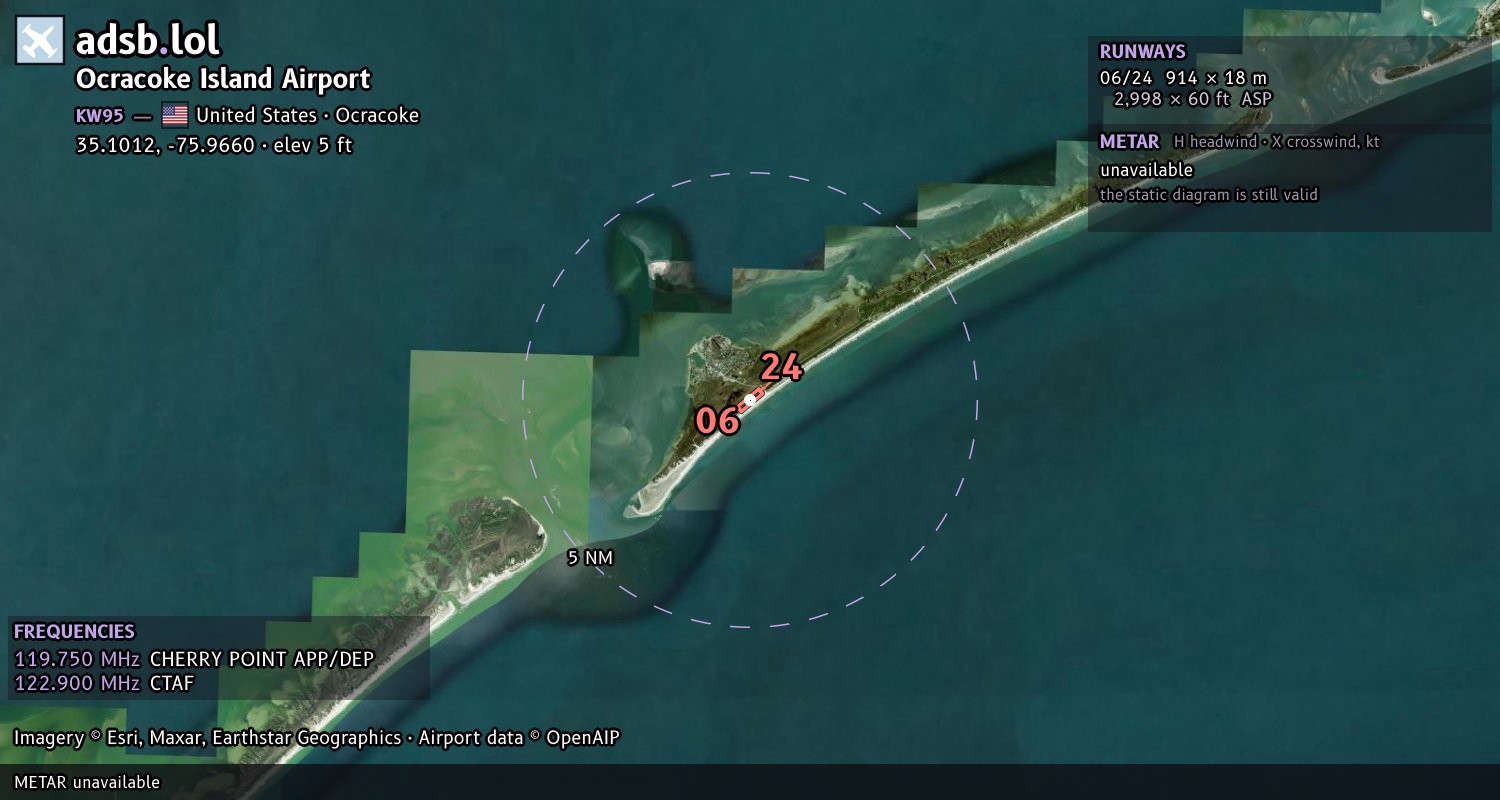 Satellite map with the runway layout of Ocracoke Island Airport (KW95)