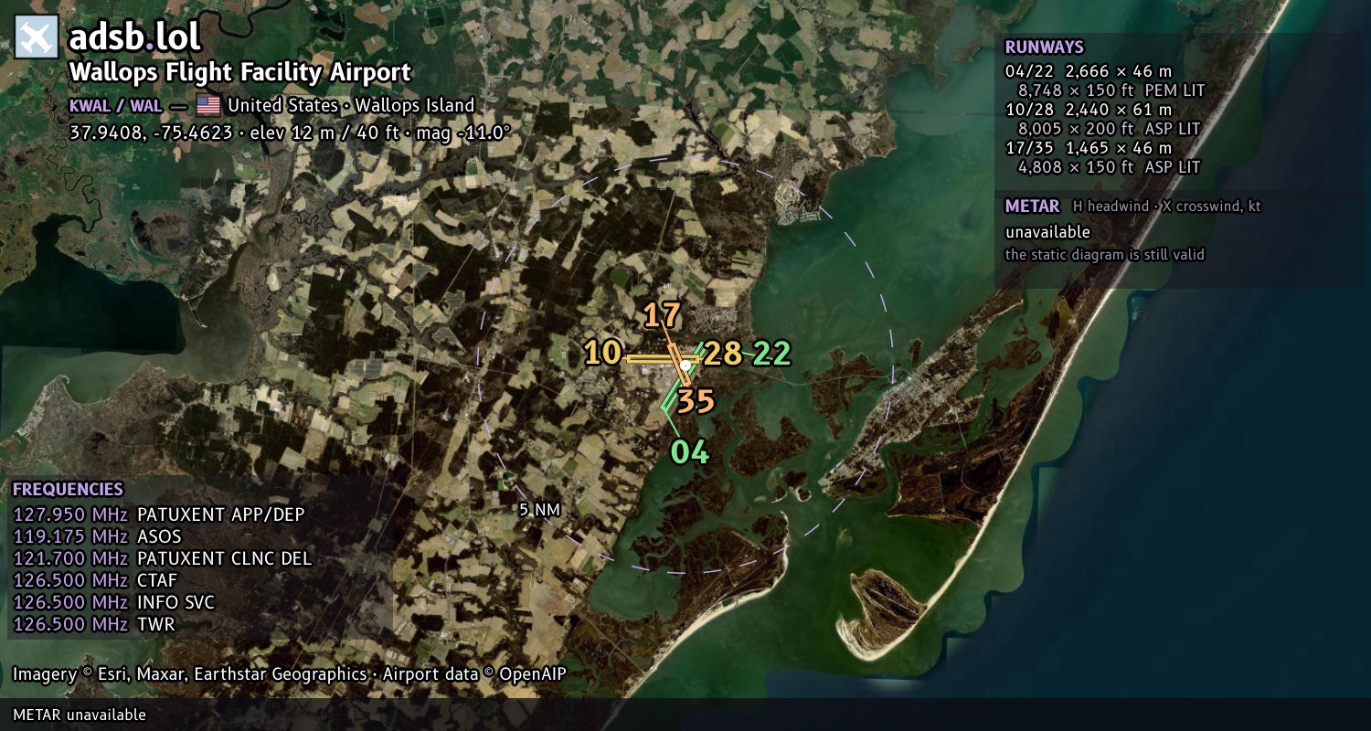 Satellite map with the runway layout of Wallops Flight Facility Airport (KWAL)