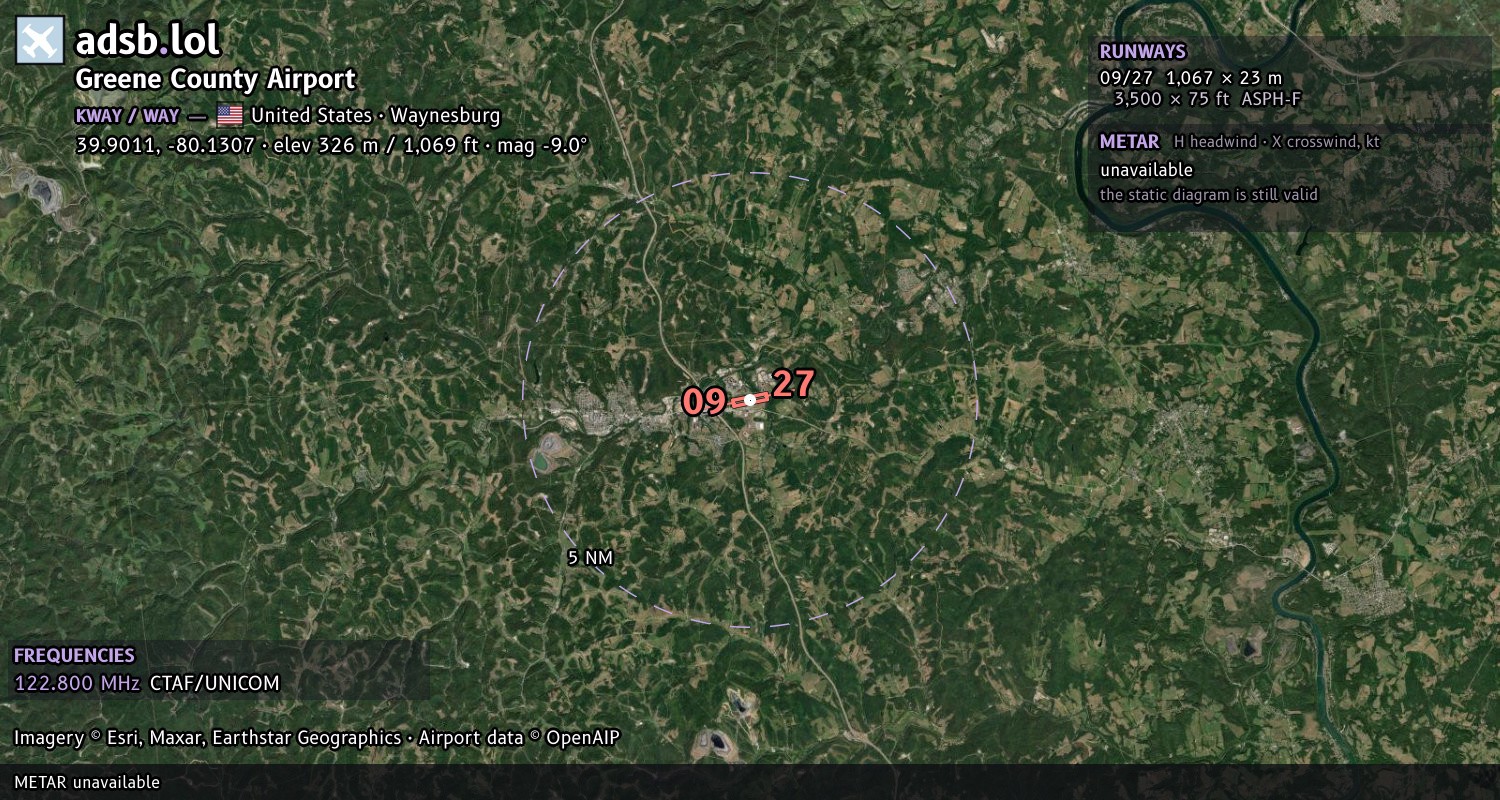 Satellite map with the runway layout of Greene County Airport (KWAY)