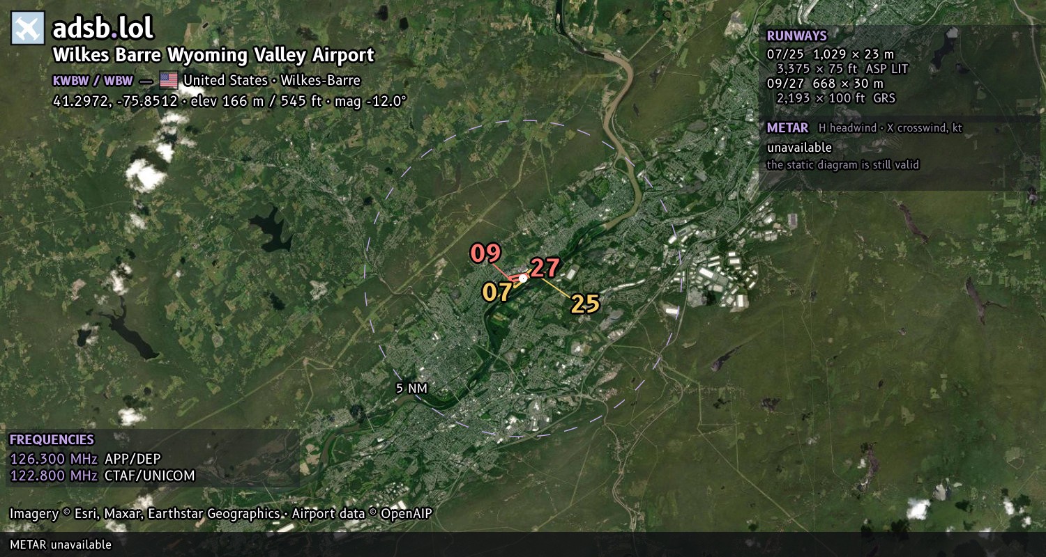 Satellite map with the runway layout of Wilkes Barre Wyoming Valley Airport (KWBW)