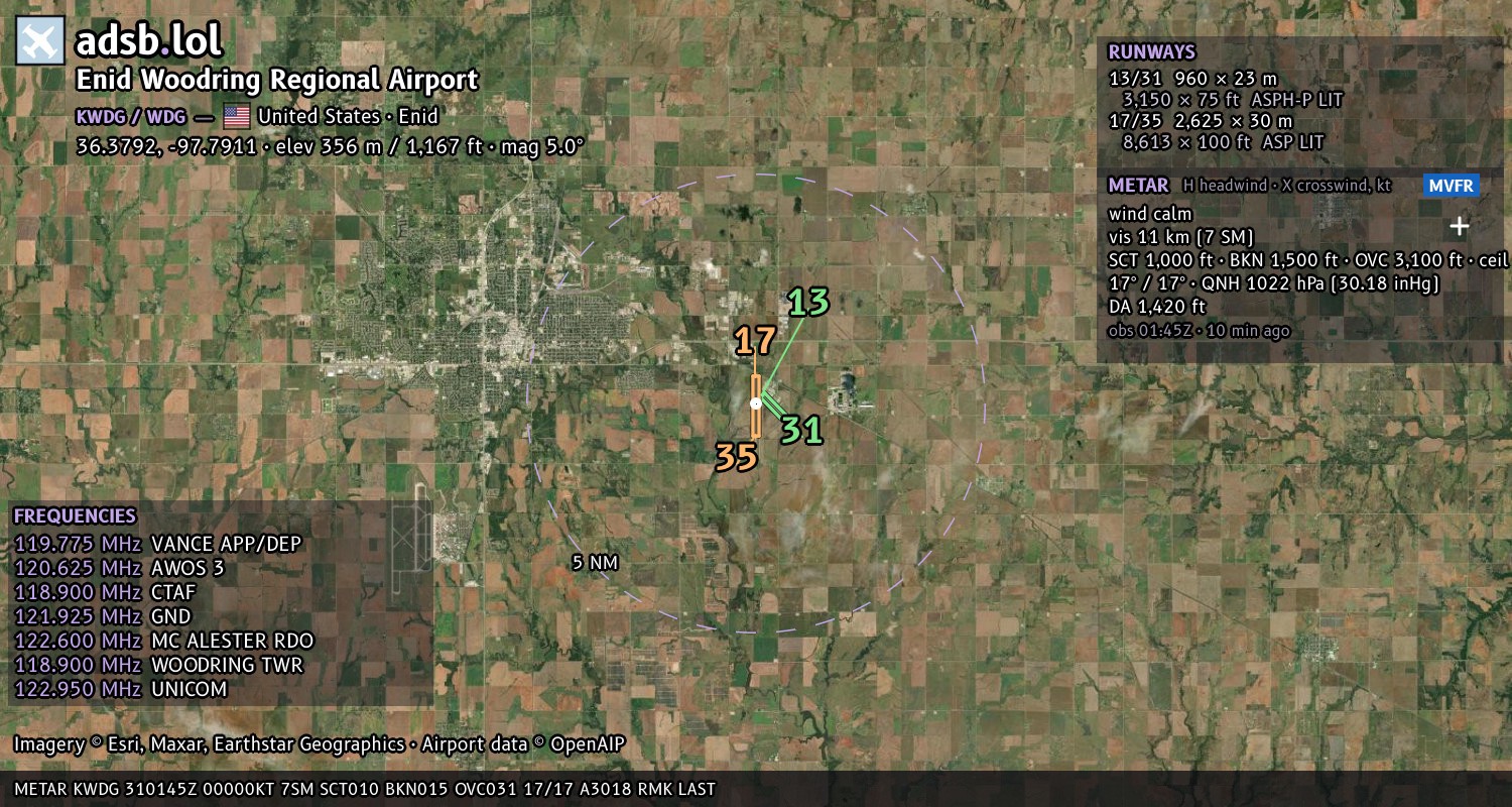 Satellite map with the runway layout of Enid Woodring Regional Airport (KWDG)