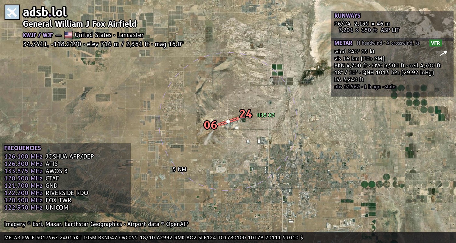 Satellite map with the runway layout of General William J Fox Airfield (KWJF)