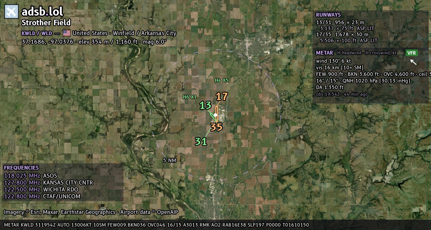 Satellite map with the runway layout of Strother Field (KWLD)