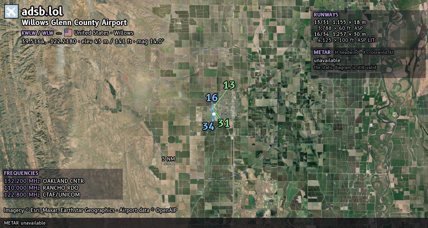 Satellite map with the runway layout of Willows Glenn County Airport (KWLW)