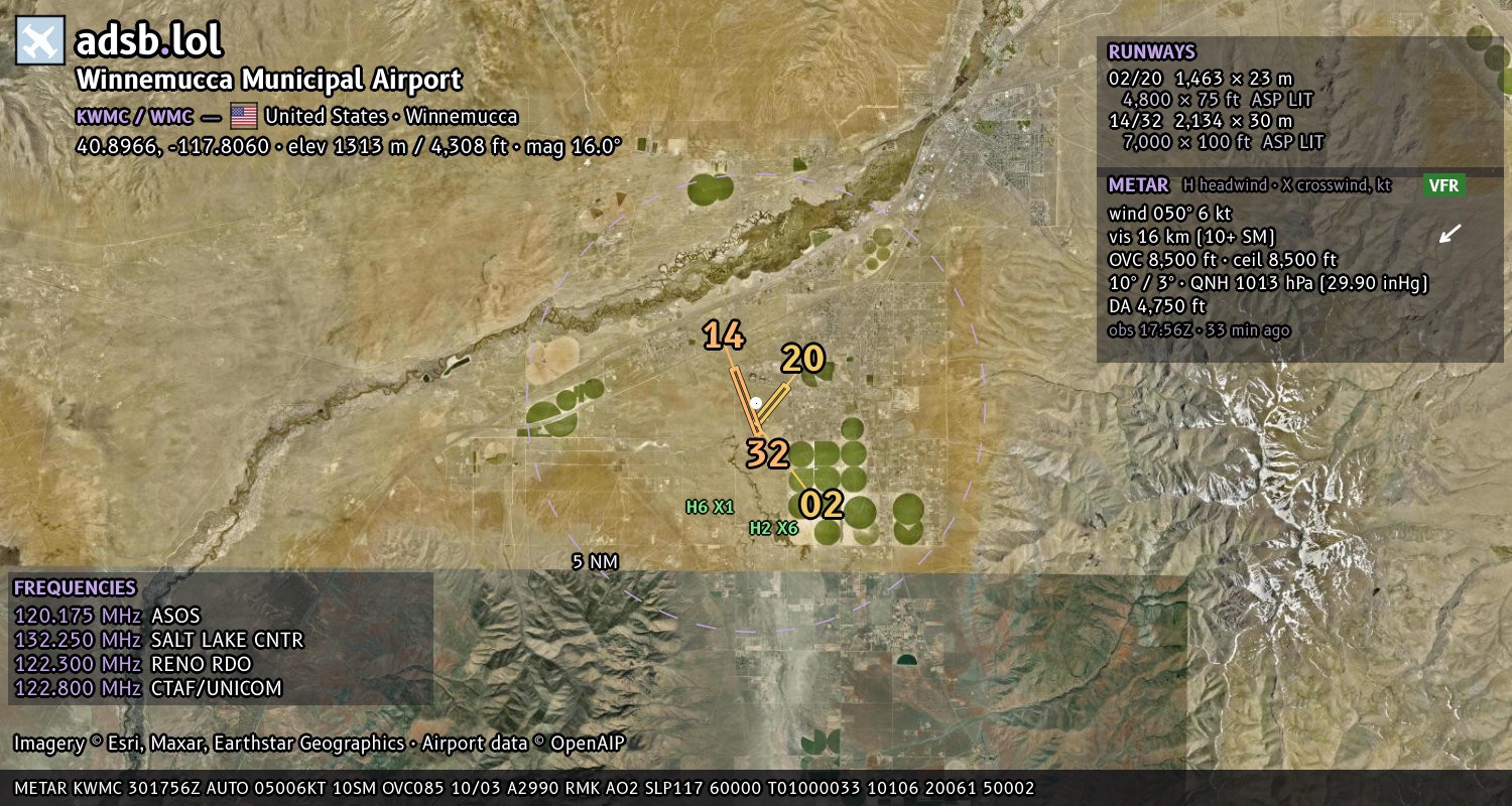 Satellite map with the runway layout of Winnemucca Municipal Airport (KWMC)