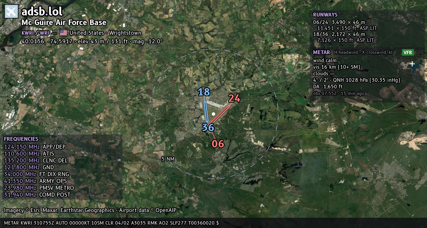 Satellite map with the runway layout of Mc Guire Air Force Base (KWRI)