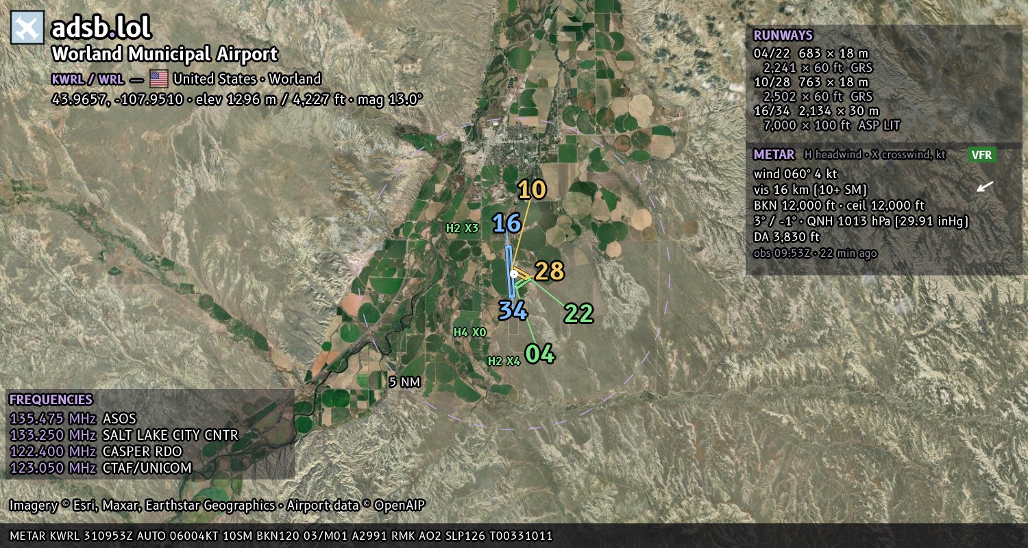 Satellite map with the runway layout of Worland Municipal Airport (KWRL)