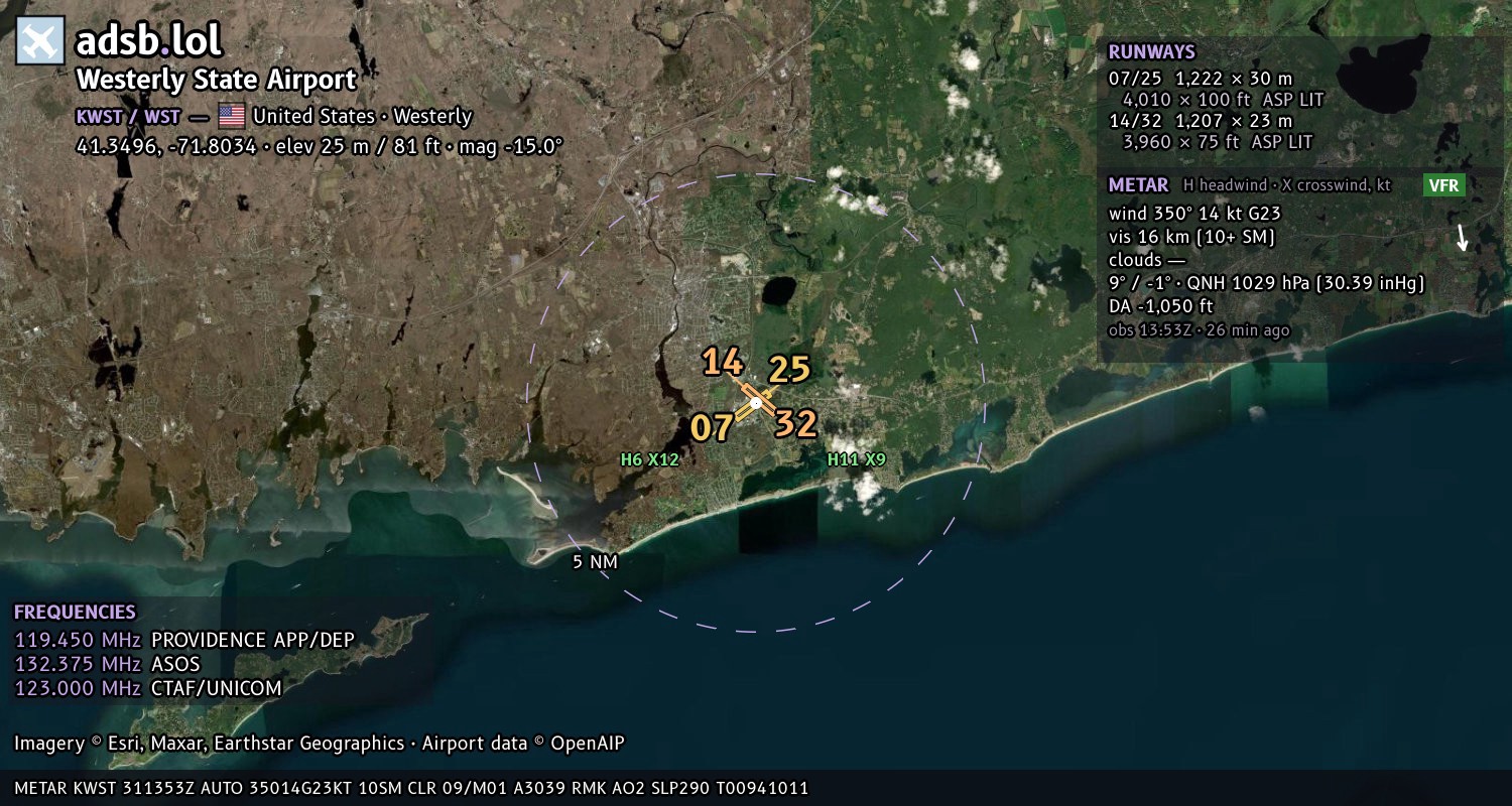 Satellite map with the runway layout of Westerly State Airport (KWST)