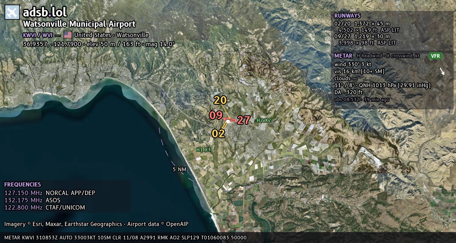 Satellite map with the runway layout of Watsonville Municipal Airport (KWVI)