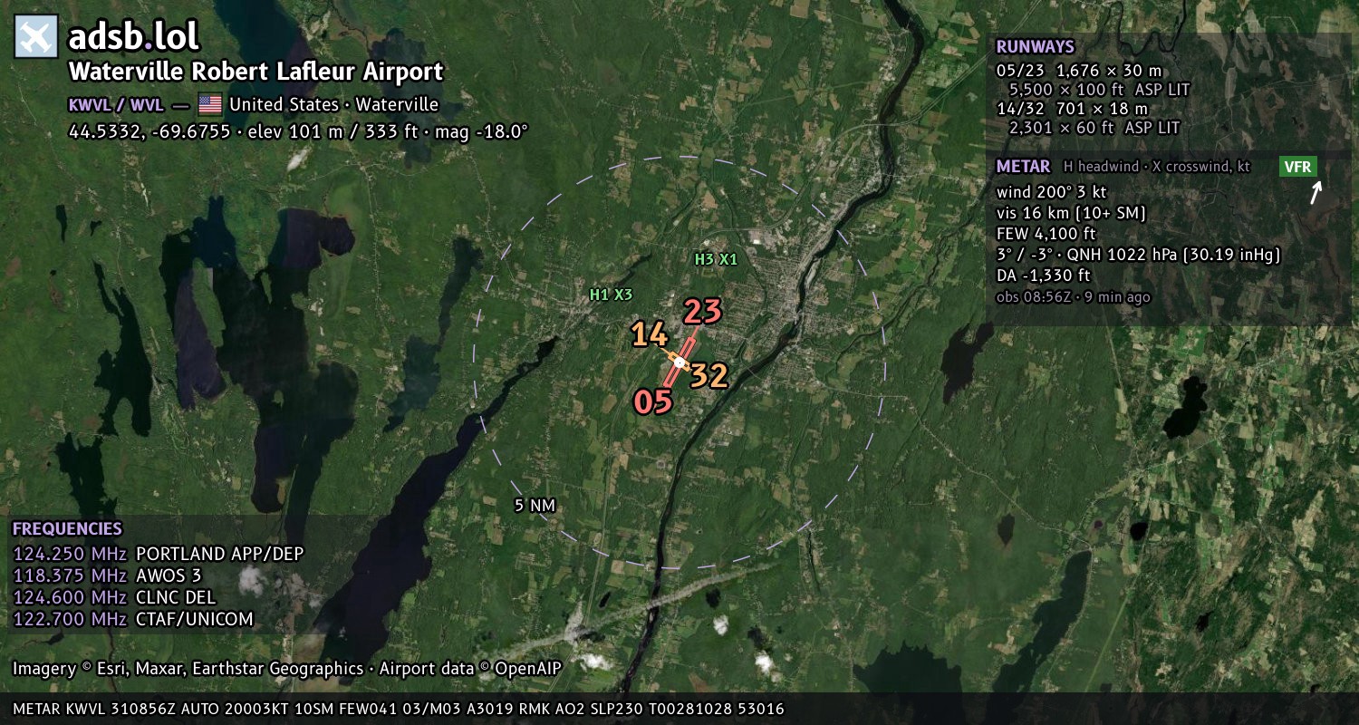 Satellite map with the runway layout of Waterville Robert Lafleur Airport (KWVL)