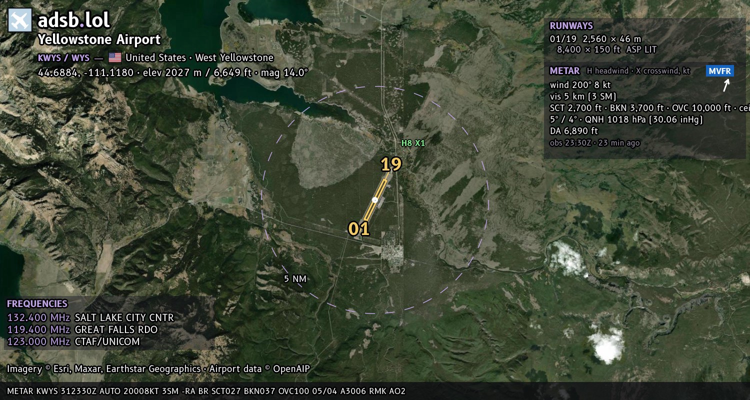 Satellite map with the runway layout of Yellowstone Airport (KWYS)