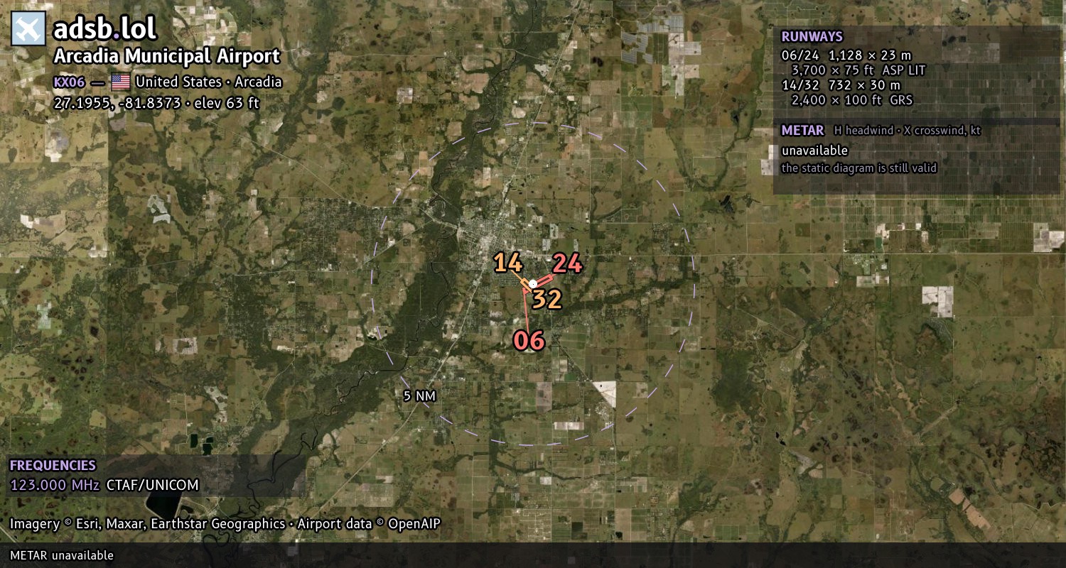 Satellite map with the runway layout of Arcadia Municipal Airport (KX06)