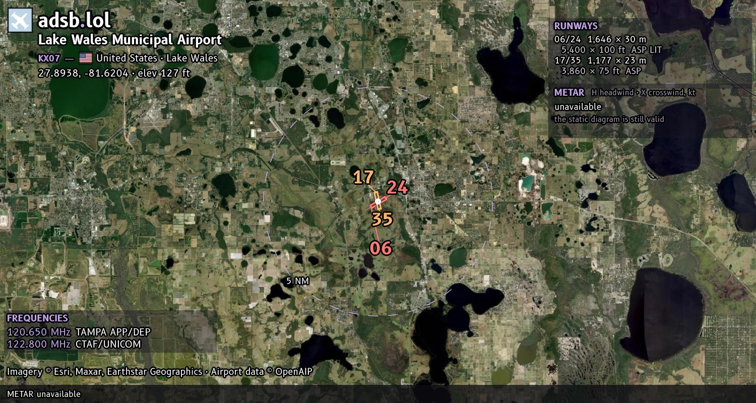 Satellite map with the runway layout of Lake Wales Municipal Airport (KX07)
