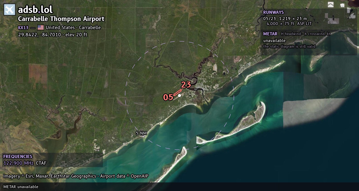 Satellite map with the runway layout of Carrabelle Thompson Airport (KX13)
