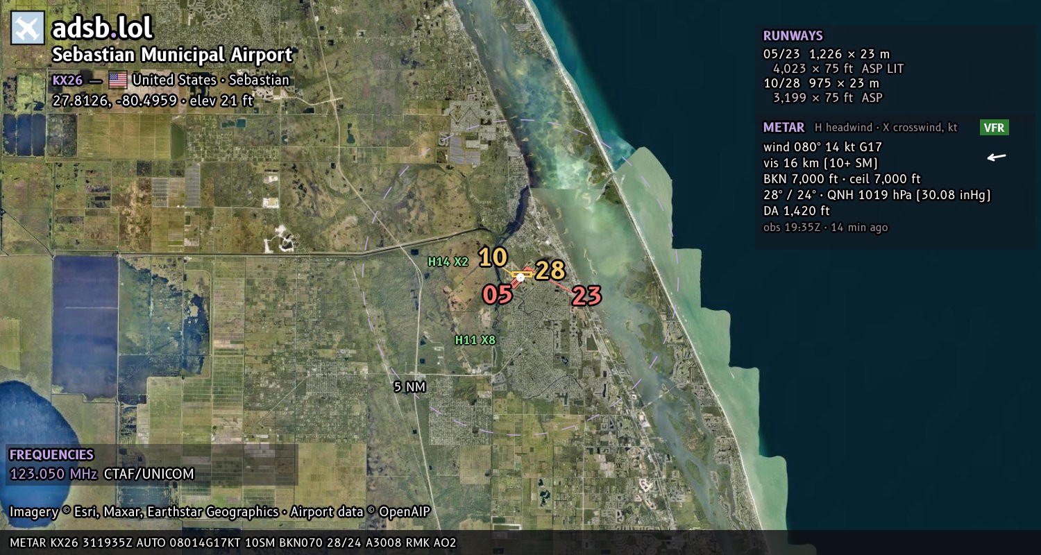 Satellite map with the runway layout of Sebastian Municipal Airport (KX26)