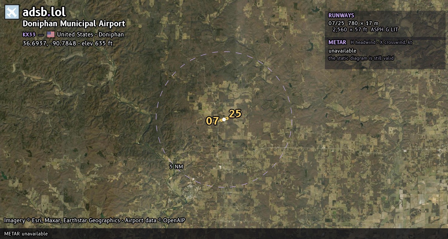 Satellite map with the runway layout of Doniphan Municipal Airport (KX33)