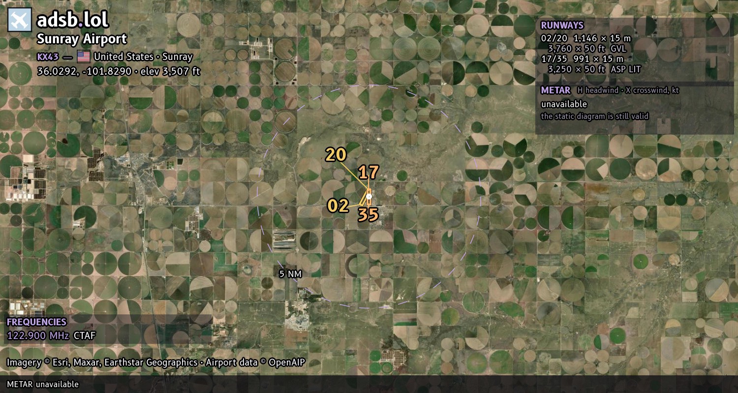 Satellite map with the runway layout of Sunray Airport (KX43)