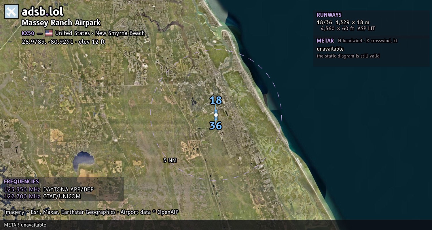 Satellite map with the runway layout of Massey Ranch Airpark (KX50)