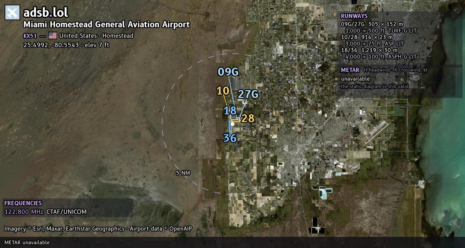 Satellite map with the runway layout of Miami Homestead General Aviation Airport (KX51)