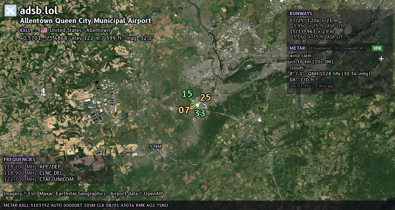 Satellite map with the runway layout of Allentown Queen City Municipal Airport (KXLL)