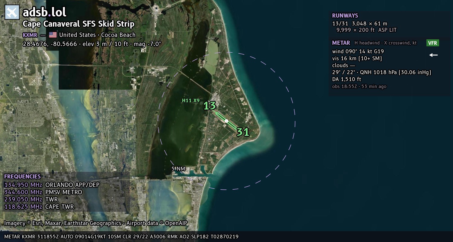 Satellite map with the runway layout of Cape Canaveral SFS Skid Strip (KXMR)