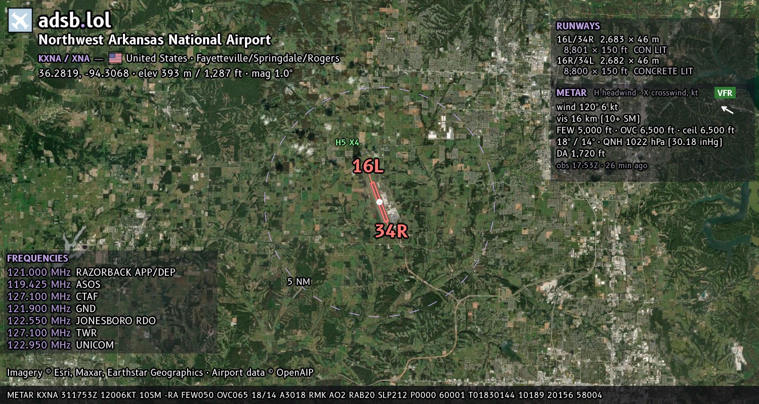 Satellite map with the runway layout of Northwest Arkansas National Airport (KXNA)