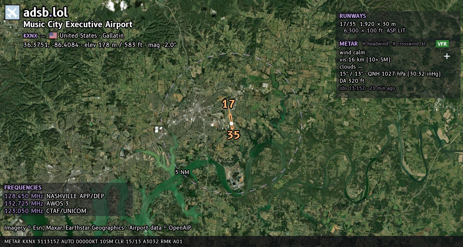 Satellite map with the runway layout of Music City Executive Airport (KXNX)