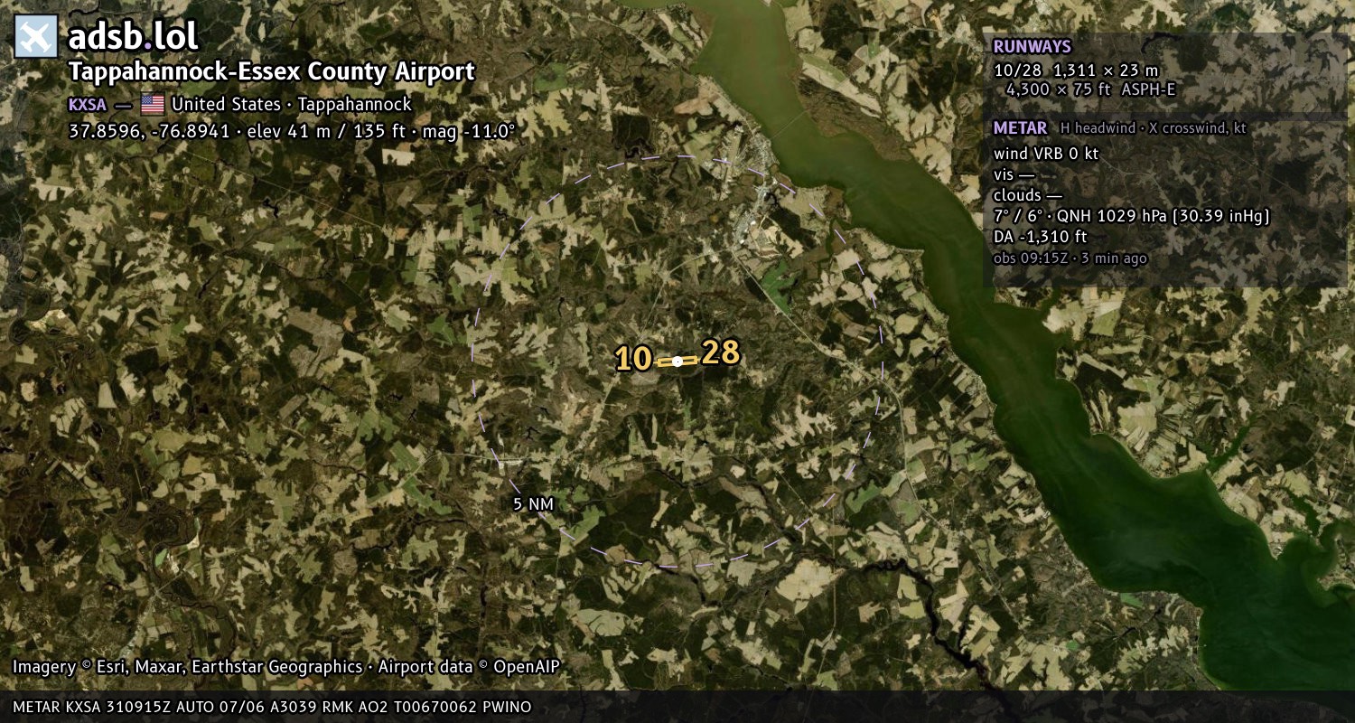 Satellite map with the runway layout of Tappahannock-Essex County Airport (KXSA)