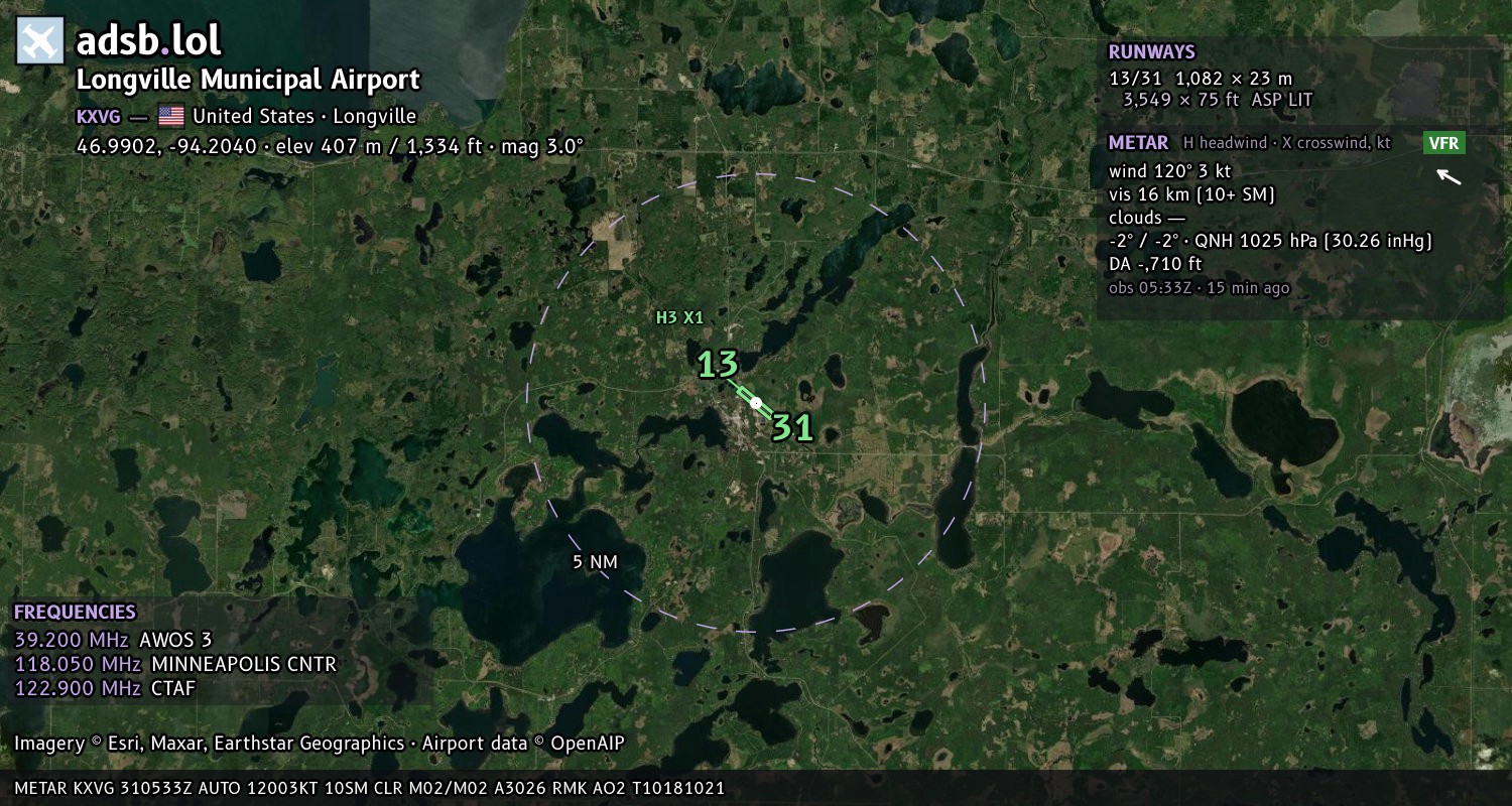 Satellite map with the runway layout of Longville Municipal Airport (KXVG)