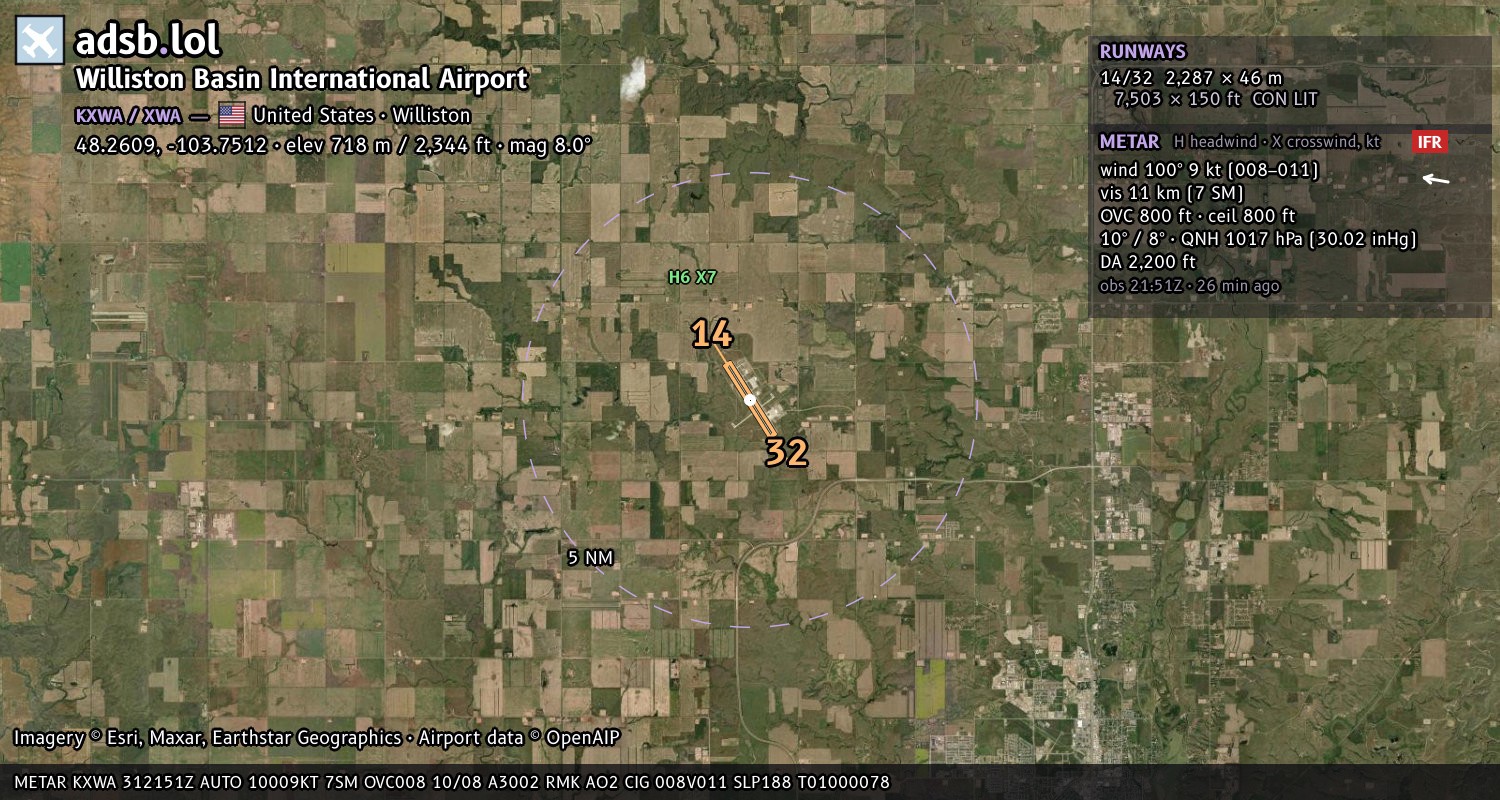 Satellite map with the runway layout of Williston Basin International Airport (KXWA)