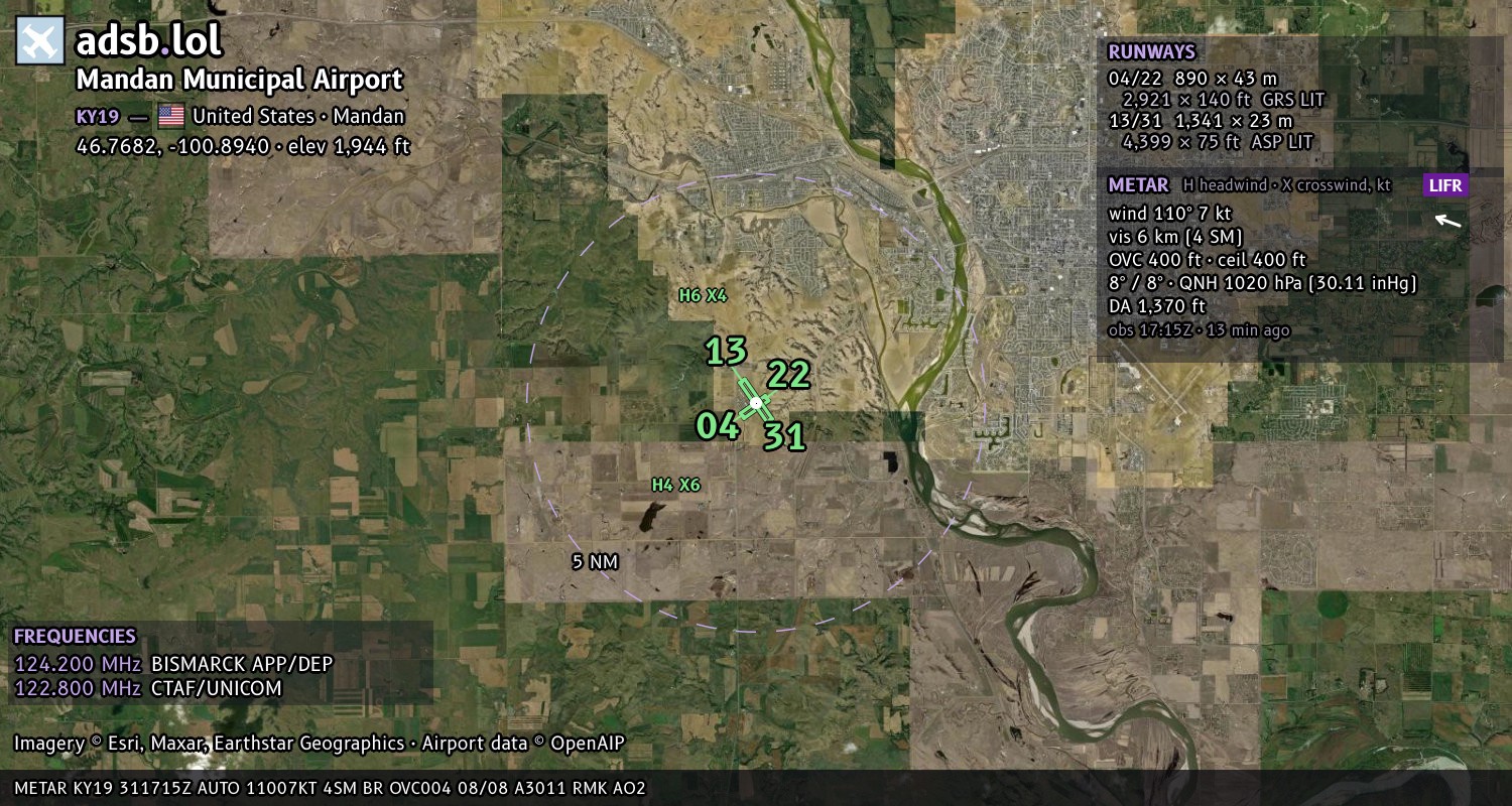 Satellite map with the runway layout of Mandan Municipal Airport (KY19)