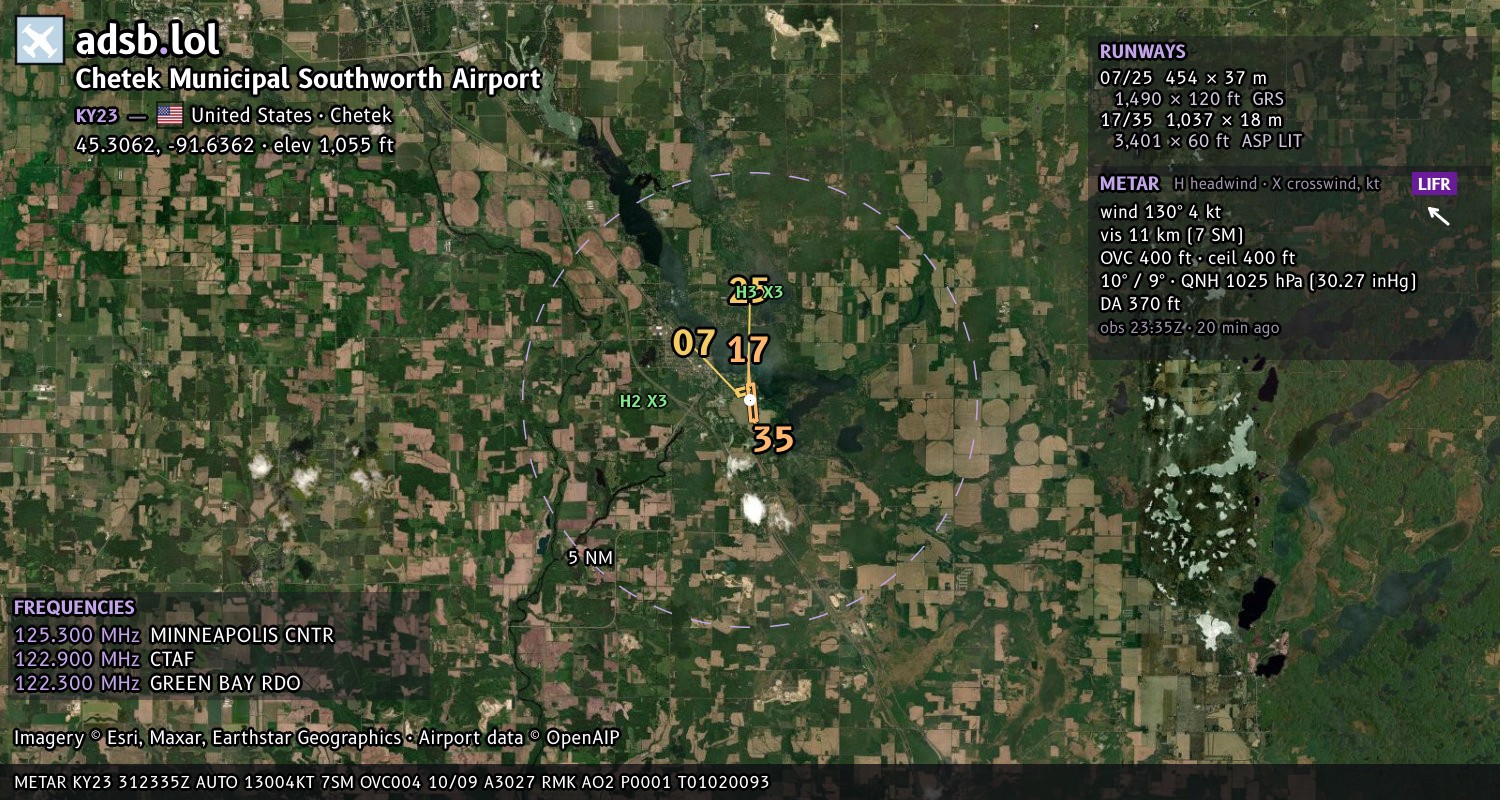 Satellite map with the runway layout of Chetek Municipal Southworth Airport (KY23)