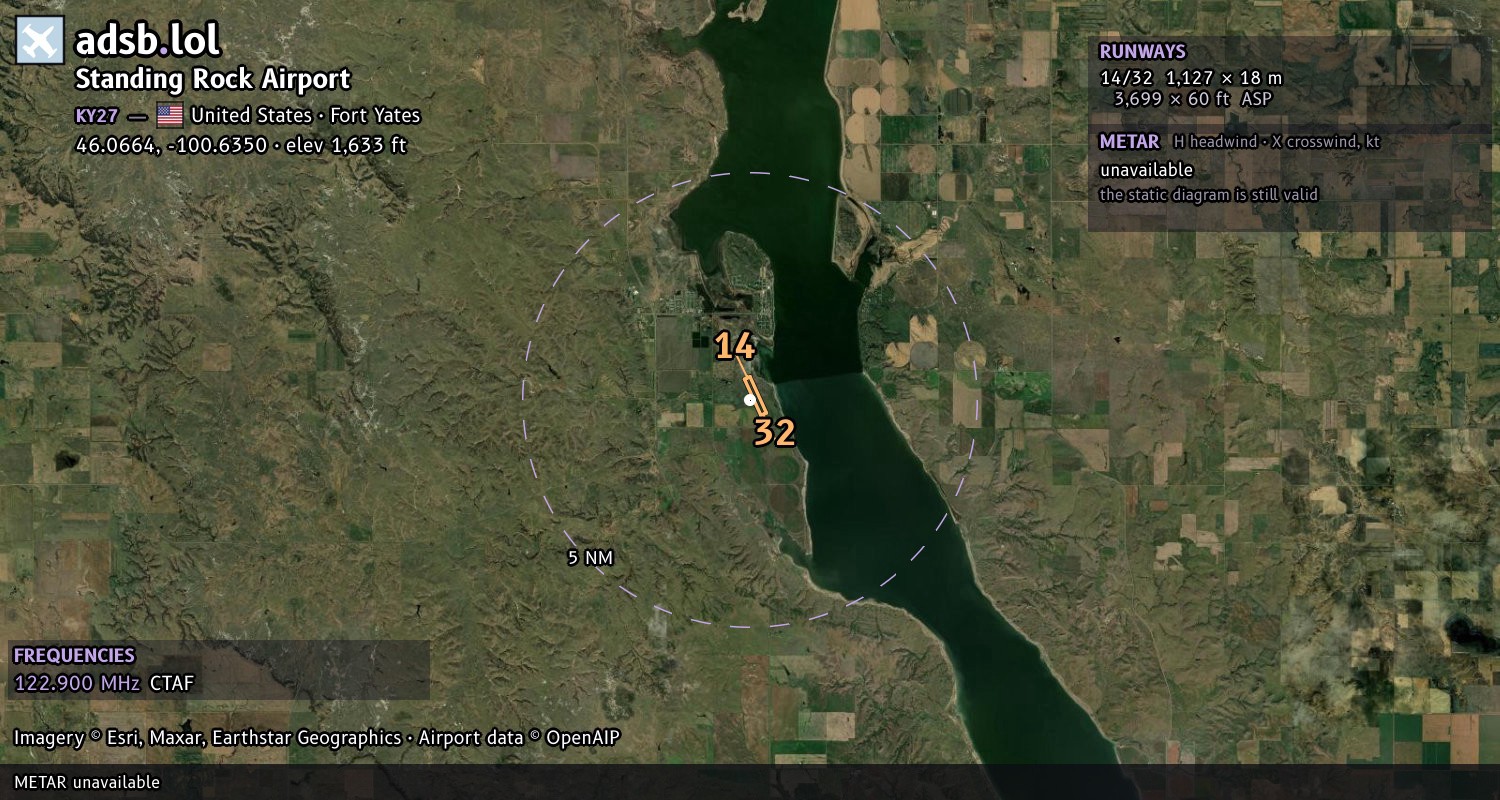 Satellite map with the runway layout of Standing Rock Airport (KY27)