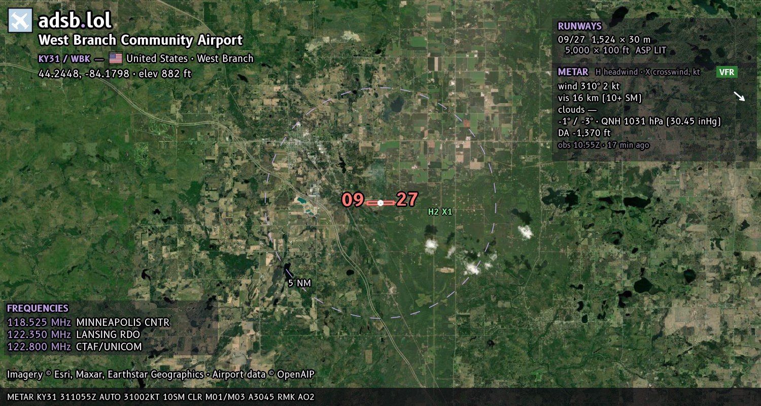 Satellite map with the runway layout of West Branch Community Airport (KY31)