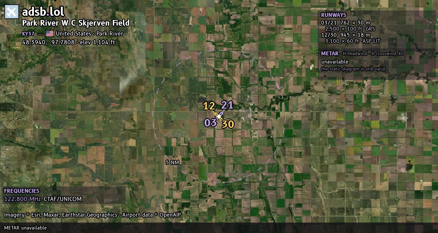 Satellite map with the runway layout of Park River W C Skjerven Field (KY37)
