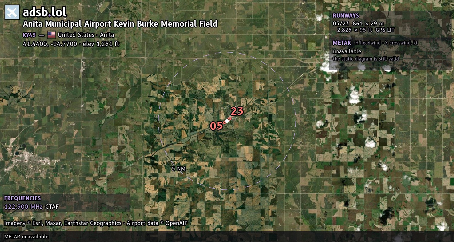 Satellite map with the runway layout of Anita Municipal Airport Kevin Burke Memorial Field (KY43)