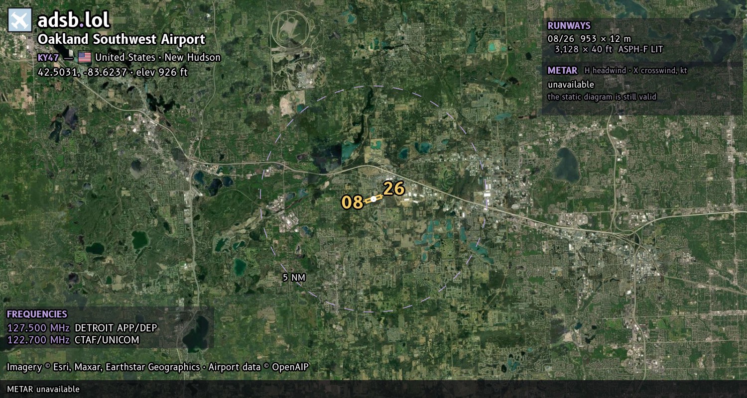 Satellite map with the runway layout of Oakland Southwest Airport (KY47)