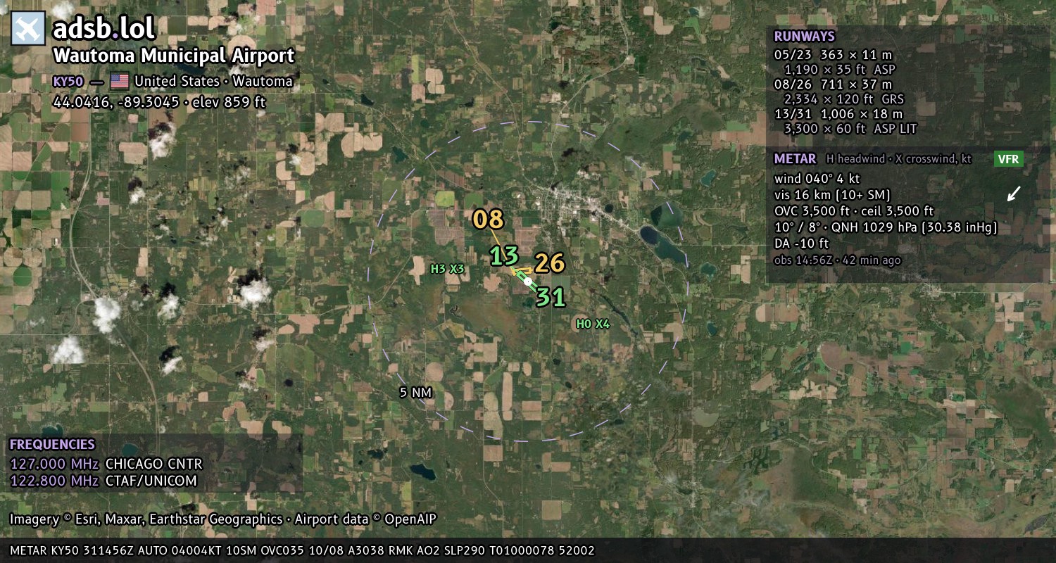 Satellite map with the runway layout of Wautoma Municipal Airport (KY50)