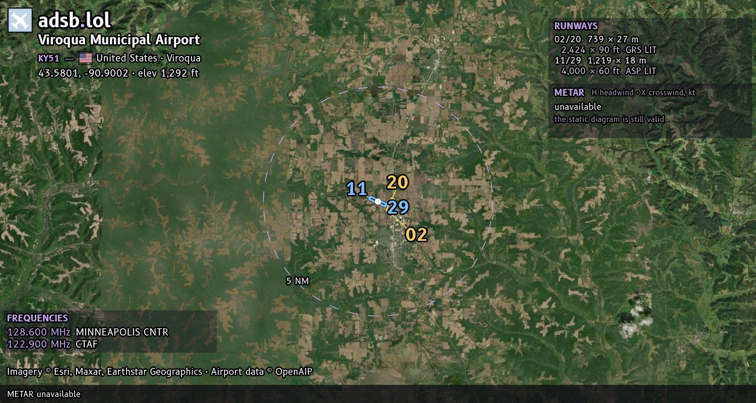 Satellite map with the runway layout of Viroqua Municipal Airport (KY51)