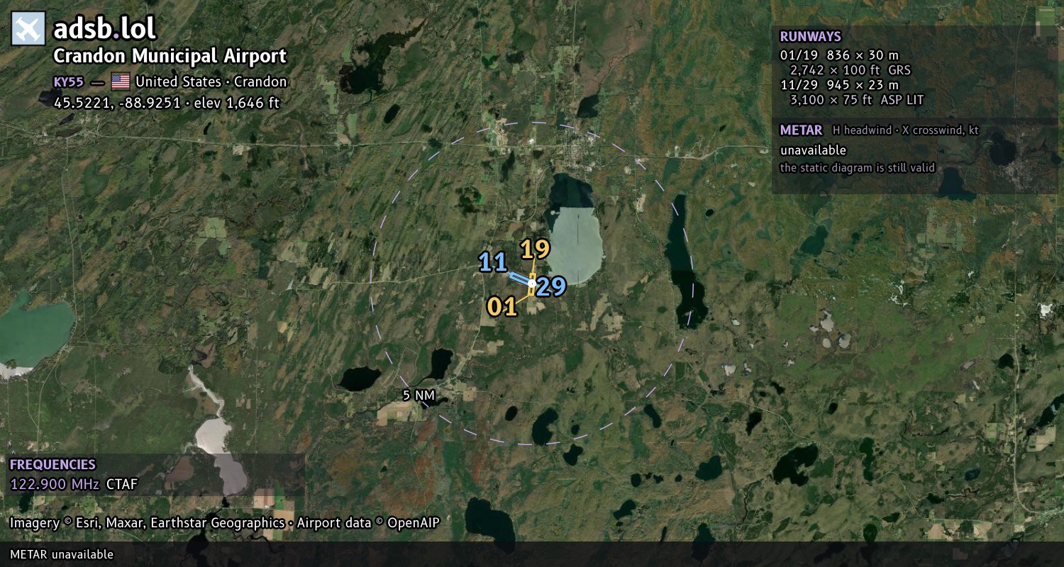 Satellite map with the runway layout of Crandon Municipal Airport (KY55)