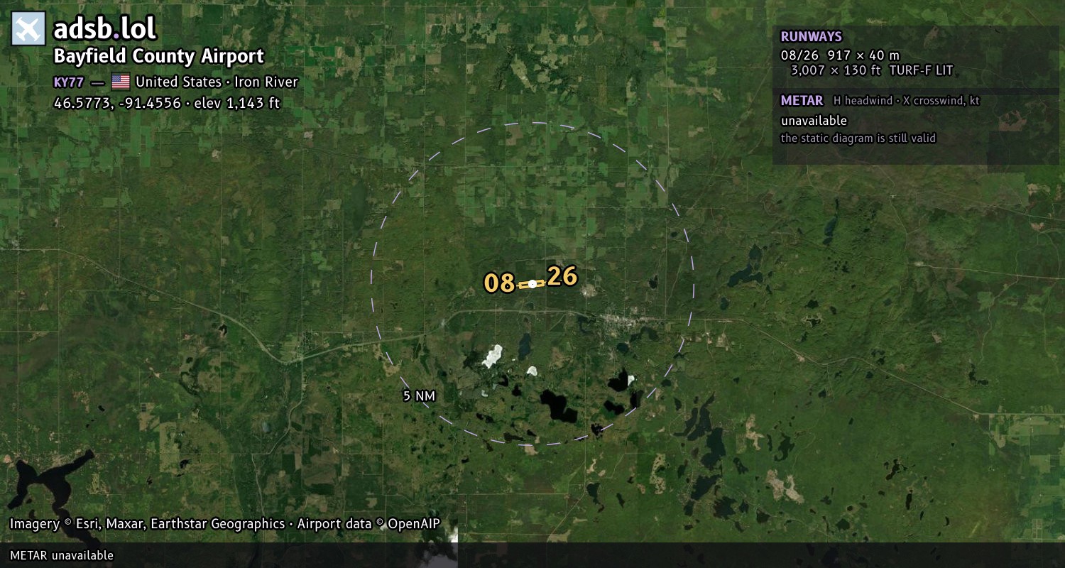 Satellite map with the runway layout of Bayfield County Airport (KY77)