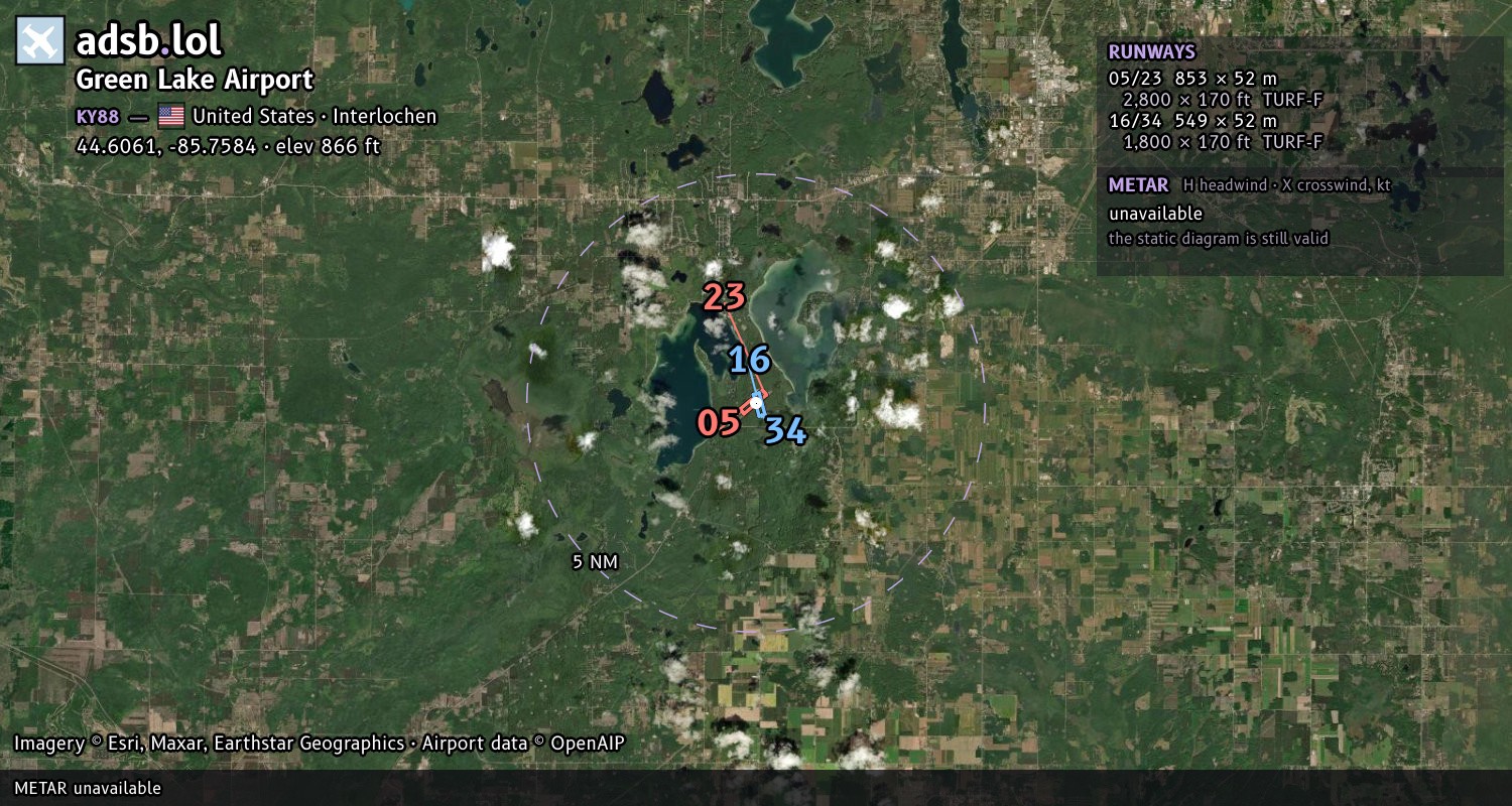 Satellite map with the runway layout of Green Lake Airport (KY88)